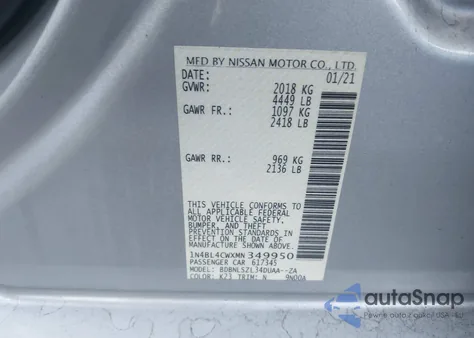 2021 Nissan Altima Sr Intelligent Awd z USA, uszkodzony, nr VIN 1N4BL4CWXMN349950